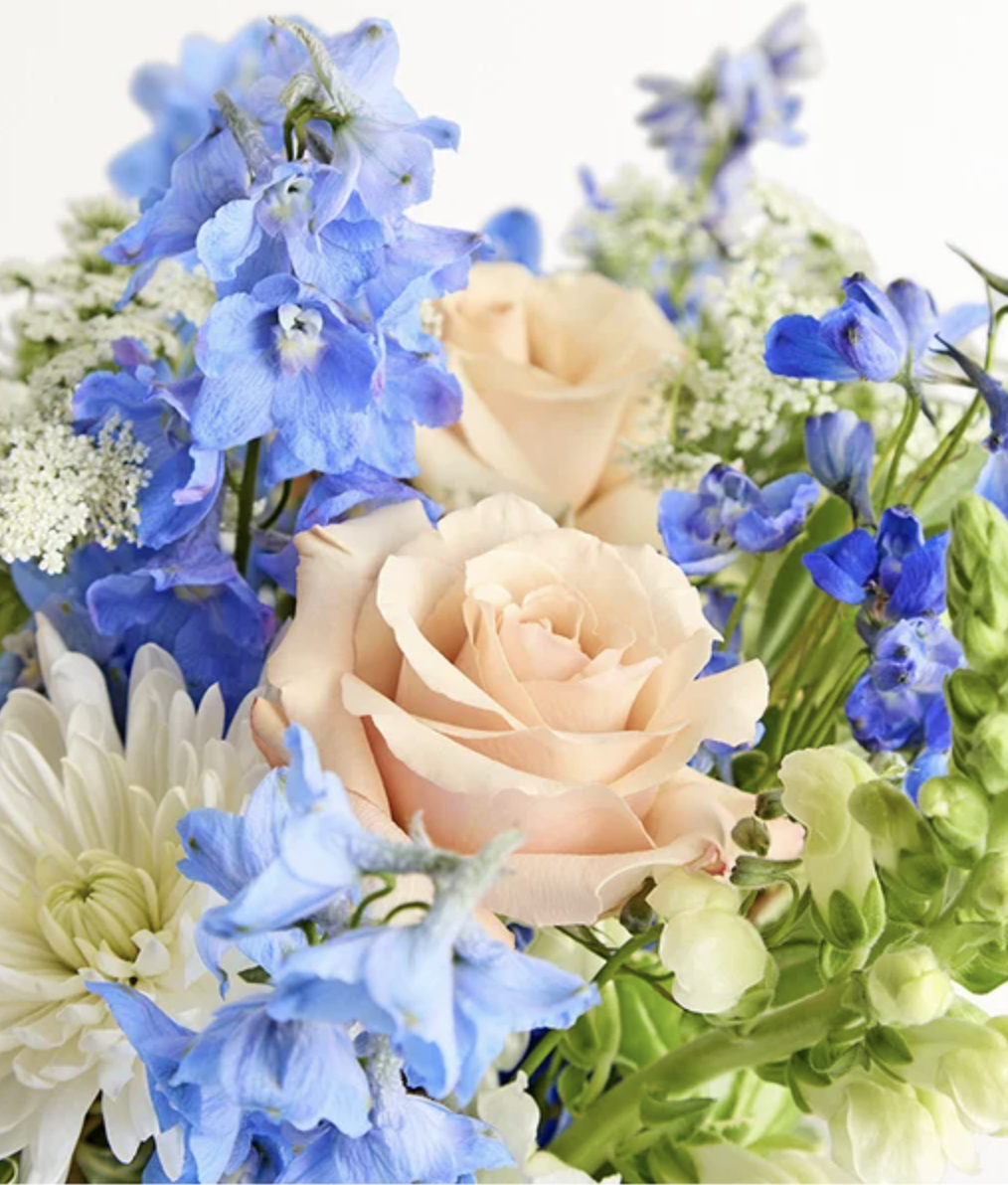 flower of the year for 2026, delphinium, with roses and other blooms