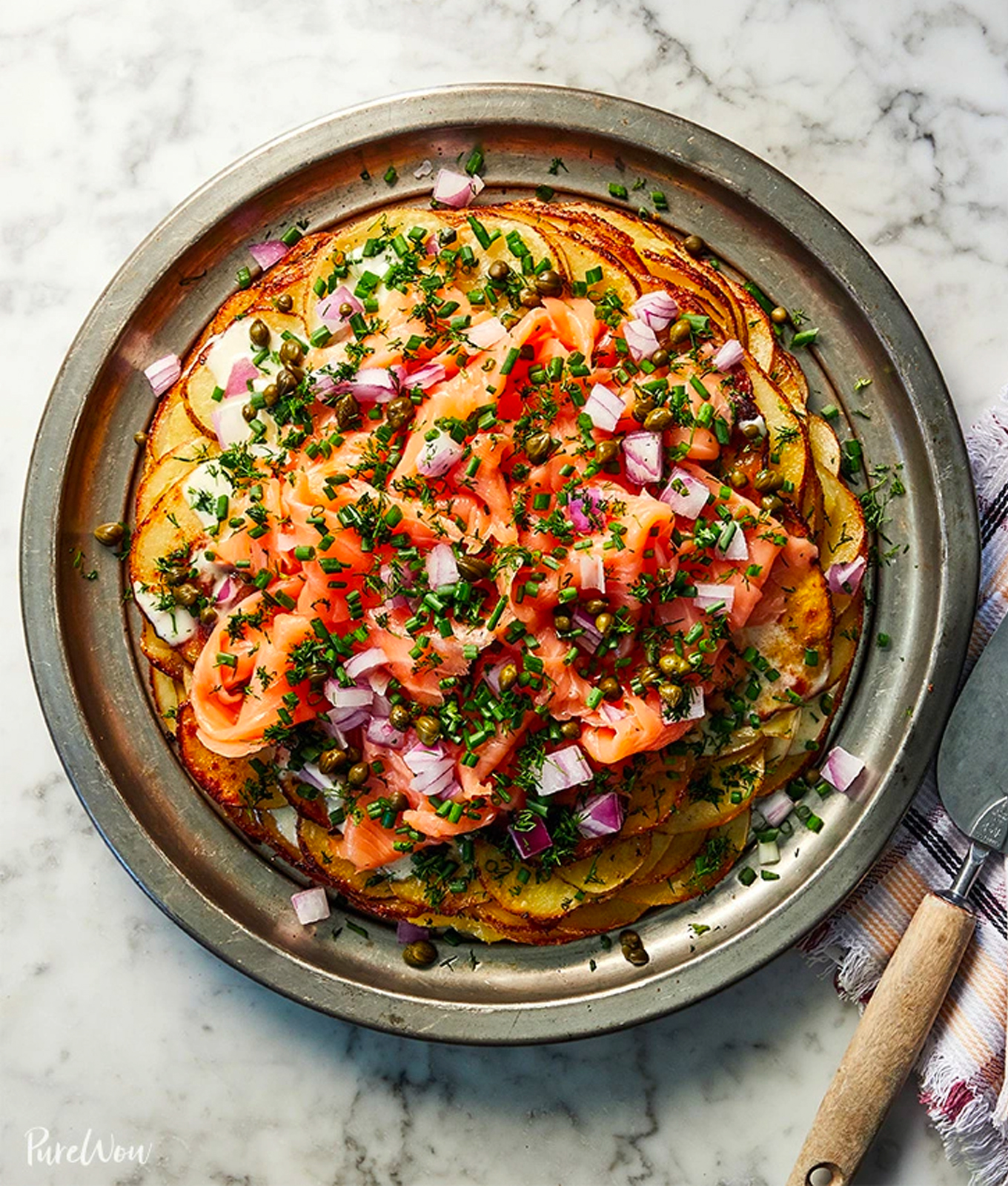 Brunch Recipes: Roasted Potato Galette with Crème Fraîche and Smoked Salmon on a plate