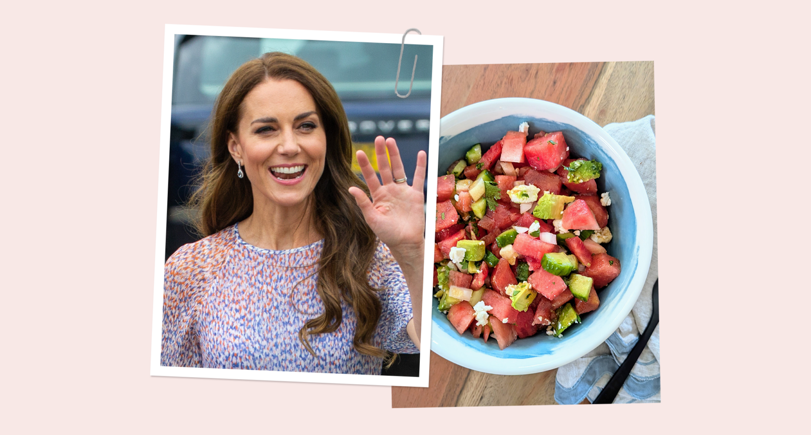 kate middleton watermelon salad recipe: kate middleton in a white shirt and dark green blazer, waving to a crowd
