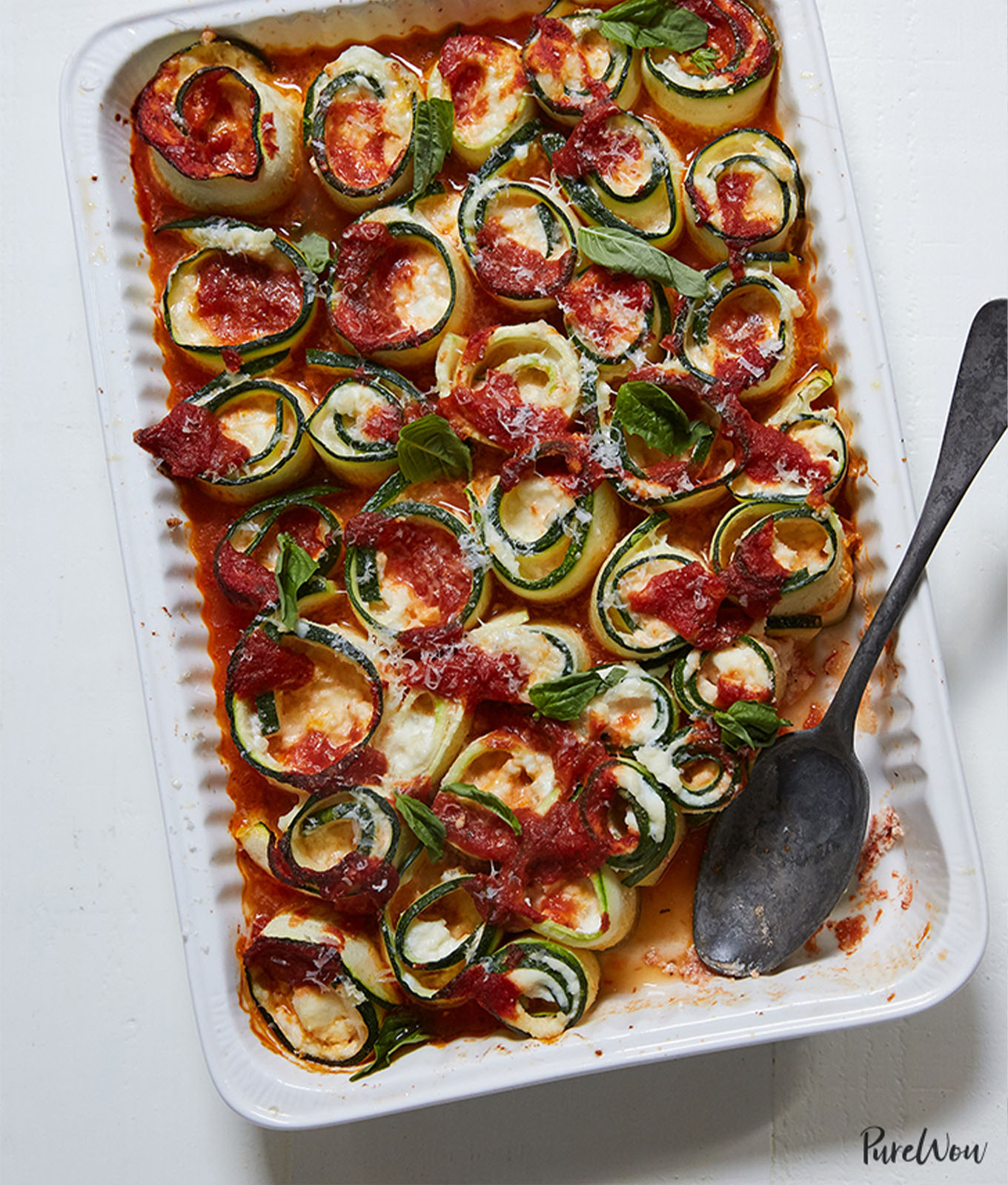 Baked Zucchini ‘Ziti’ Spirals with Mozzarella