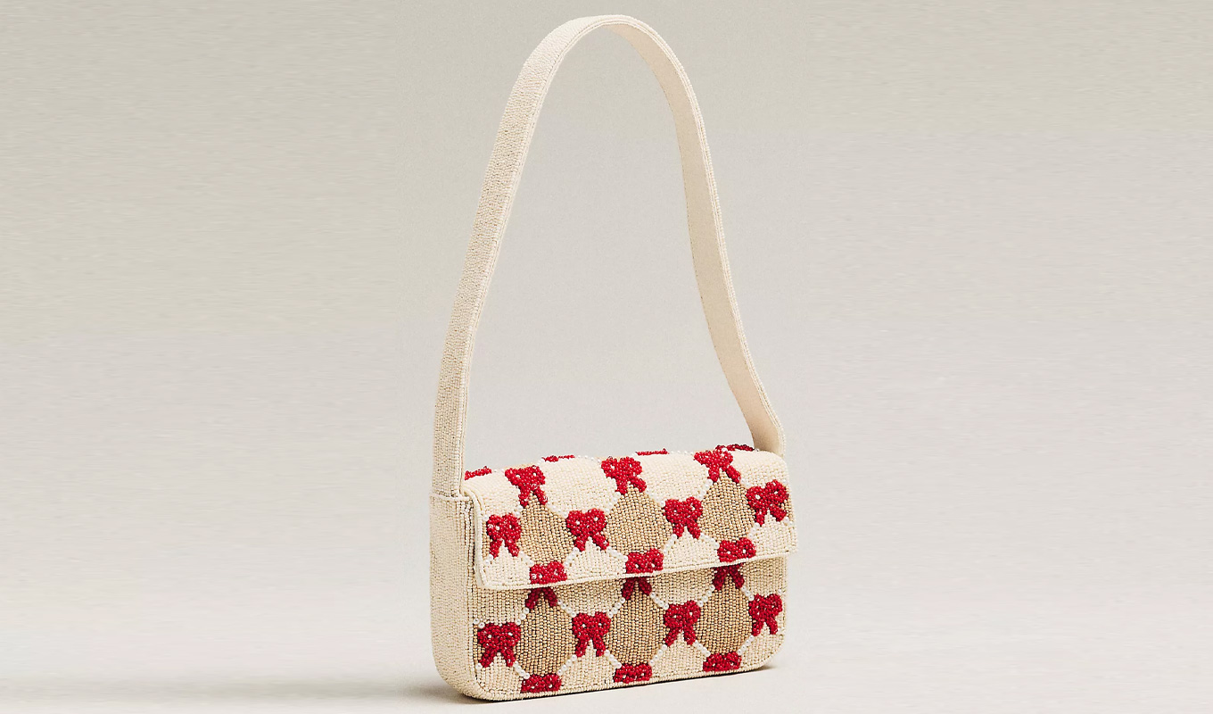 anthropologie beaded bag beige checkered print with red bows