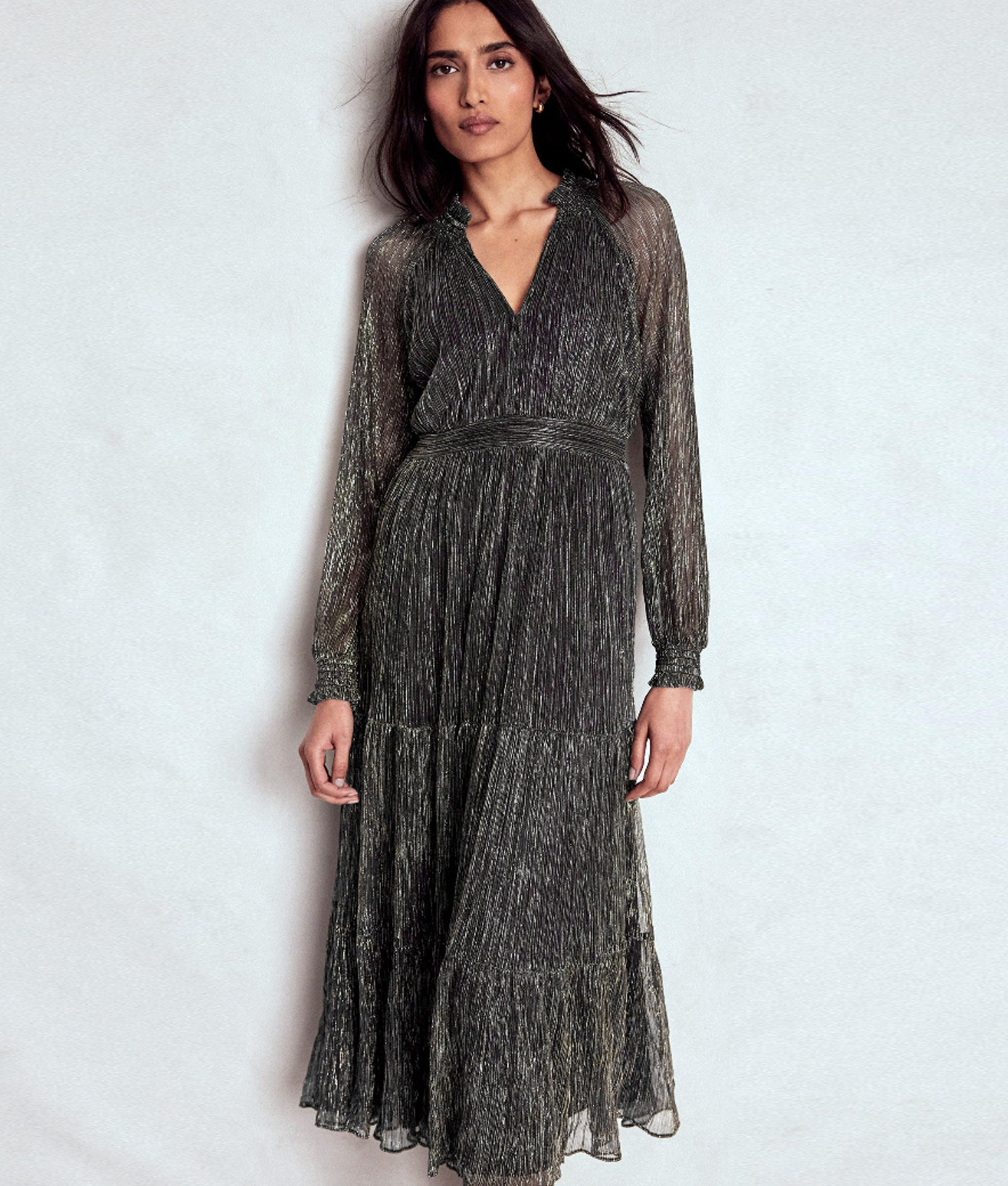 holiday outfits black and gold metallic boden long sleeve midi dress