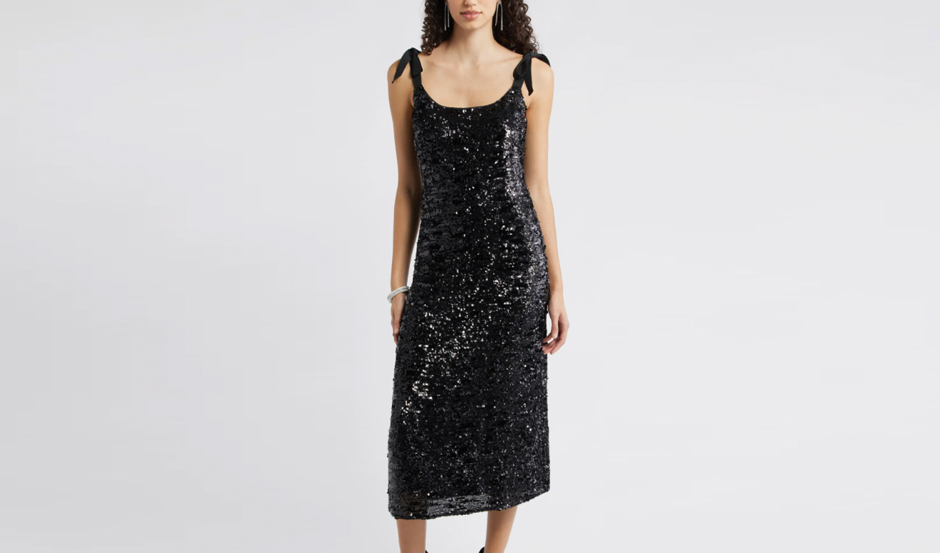 chelsea28 black sequin midi dress with bow straps