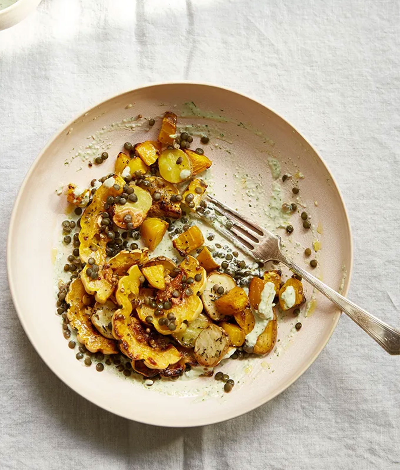 december dinner recipes: fall roasted vegetable and lentil salad with pine nut cream