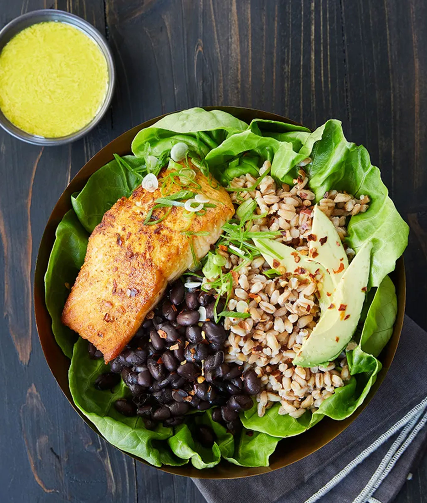 december dinner recipes: salmon bowl with tahini dressing