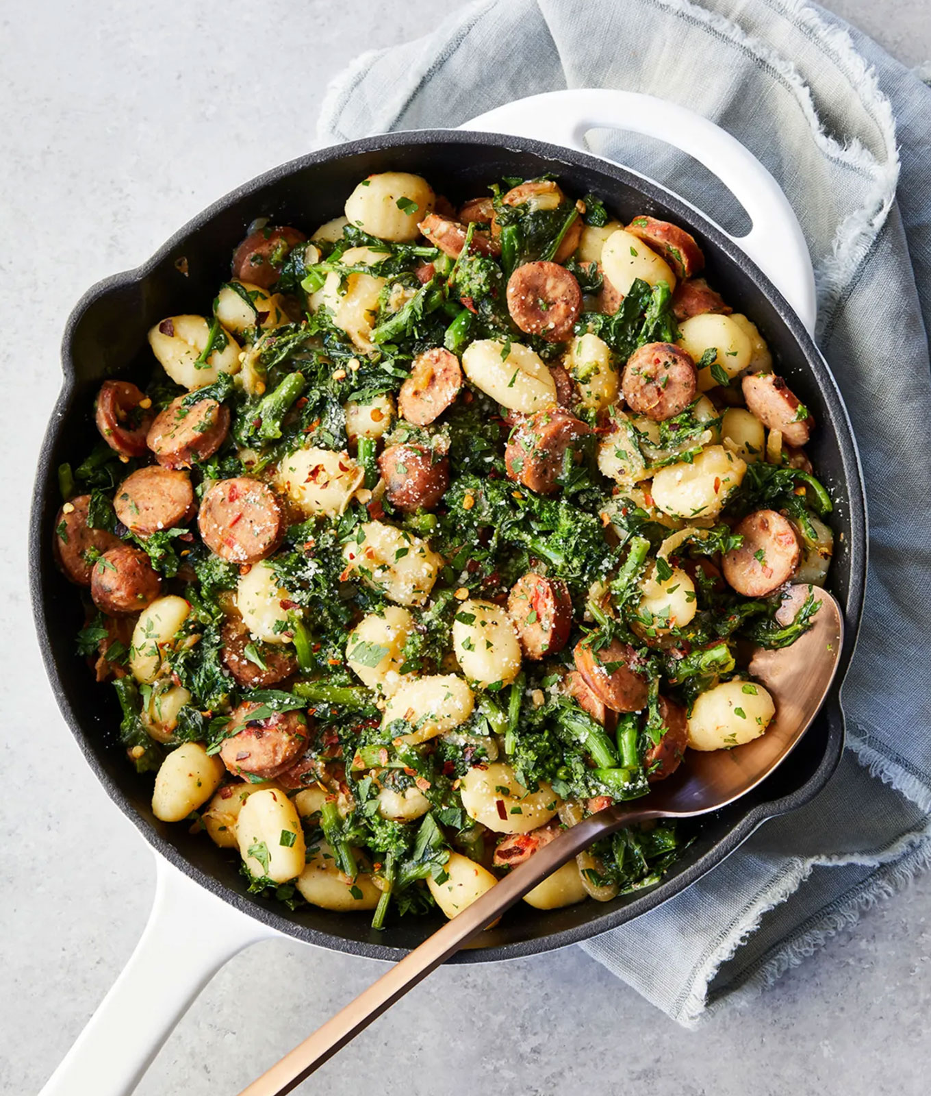 december dinner recipes: skillet gnocchi with sausage and broccoli rabe