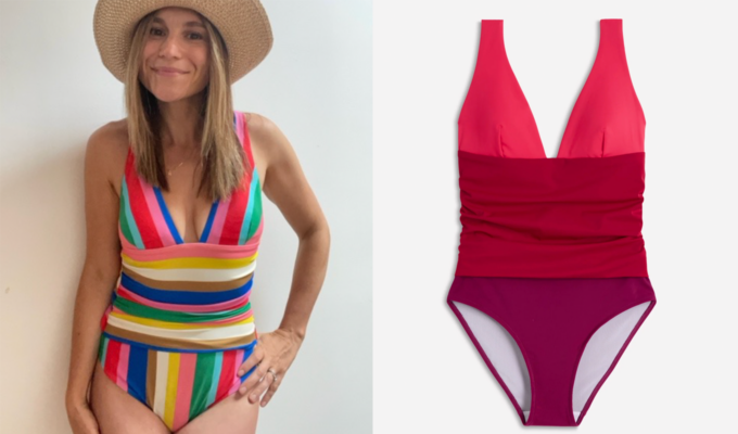 Most Comfortable Swimsuits of 2026: Original photo of PureWow editor Jillian Quint and Boden Mykonos one-piece