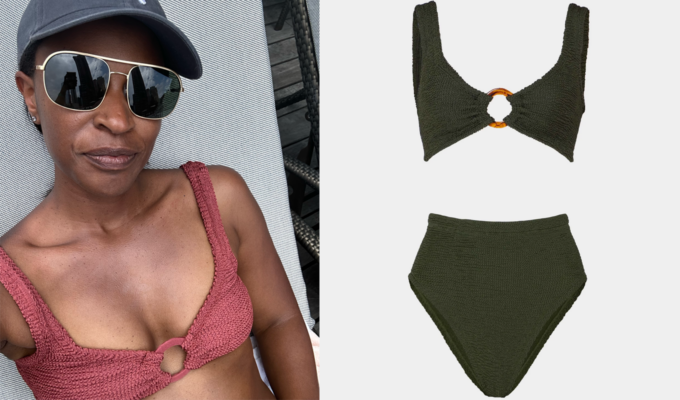 Most Comfortable Swimsuits of 2026: Original photo of PureWow editor Deena Campbell and Hunza G Bikini