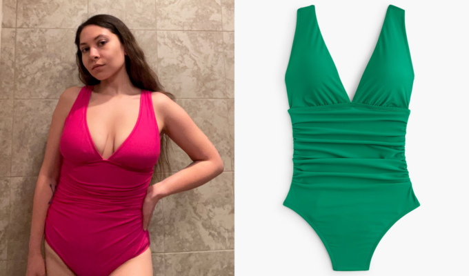 Most Comfortable Swimsuits of 2026: Original photo of PureWow editor Stephanie Maida and J.Crew ruched one-piece