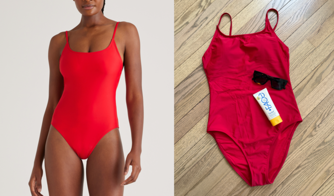 Most Comfortable Swimsuits of 2026: Woman in red Quince cami one-piece, original photo of red one-piece with sunscreen and sunglasses