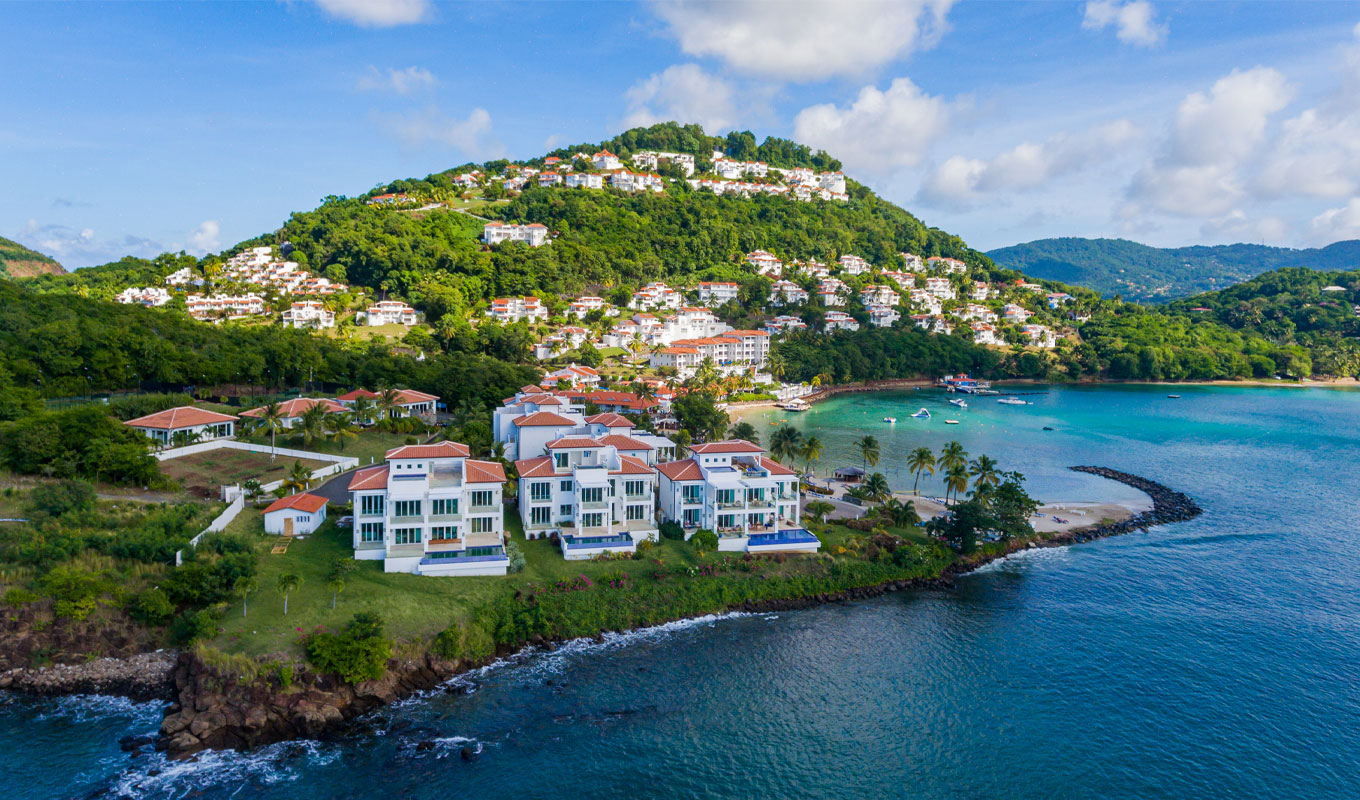 windjammer-landing-st-lucia-review: The view of the expansive Windjammer Landing Resort from the ocean.