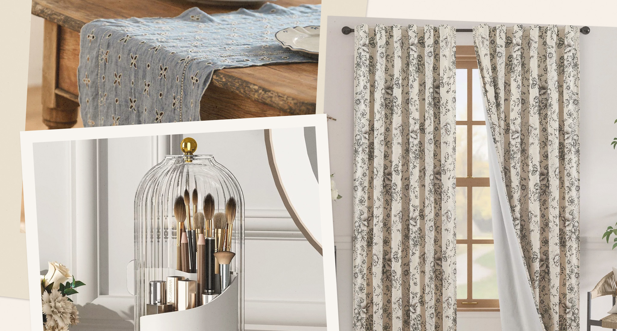 Spring 2026 Home Refresh Collage: blue table runner, makeup brush organizer, floral curtains
