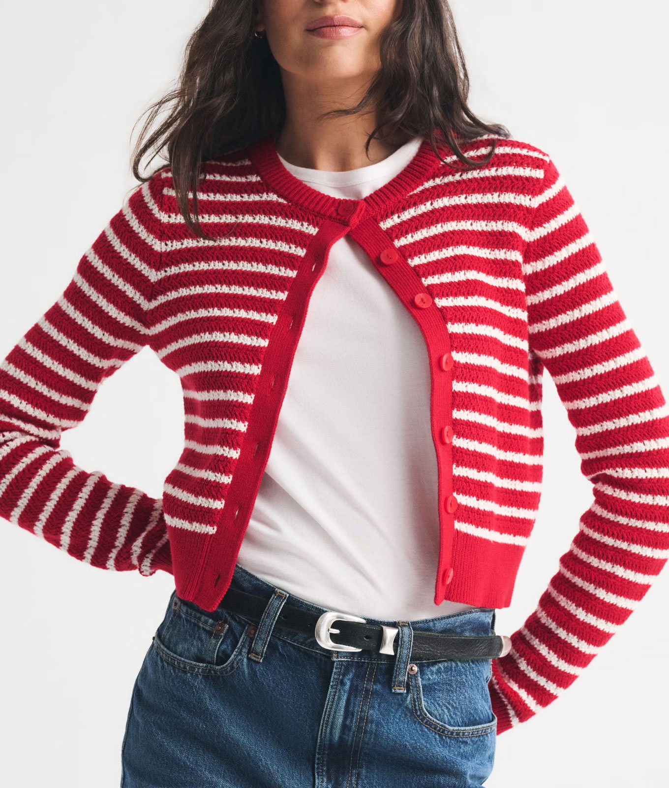 story red cropped striped cardigan