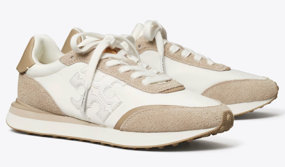 Tory Burch Semi-Annual Sale 2026: White and beige suede sneakers