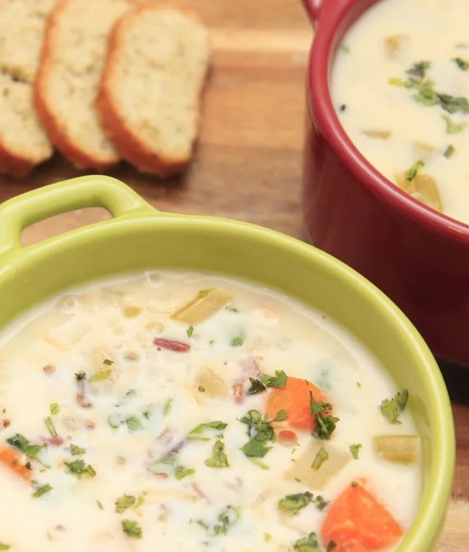 slow cooker cream of chicken and wild rice soup in ramekins