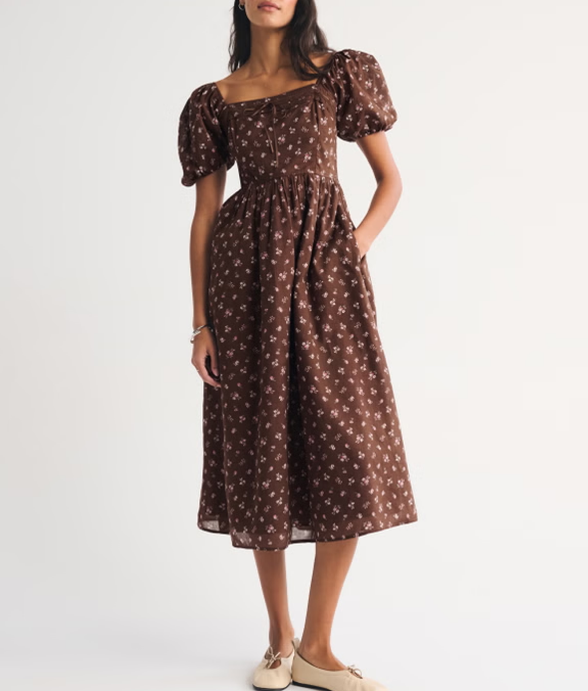 Best Abercrombie & Fitch Dresses: Emerson puff-sleeve brown floral midi