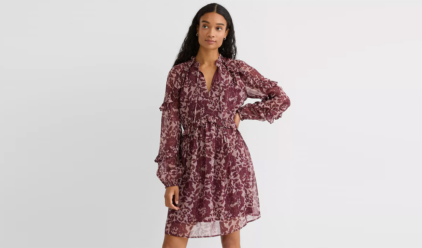 loft sale burgundy floral long sleeve mini dress