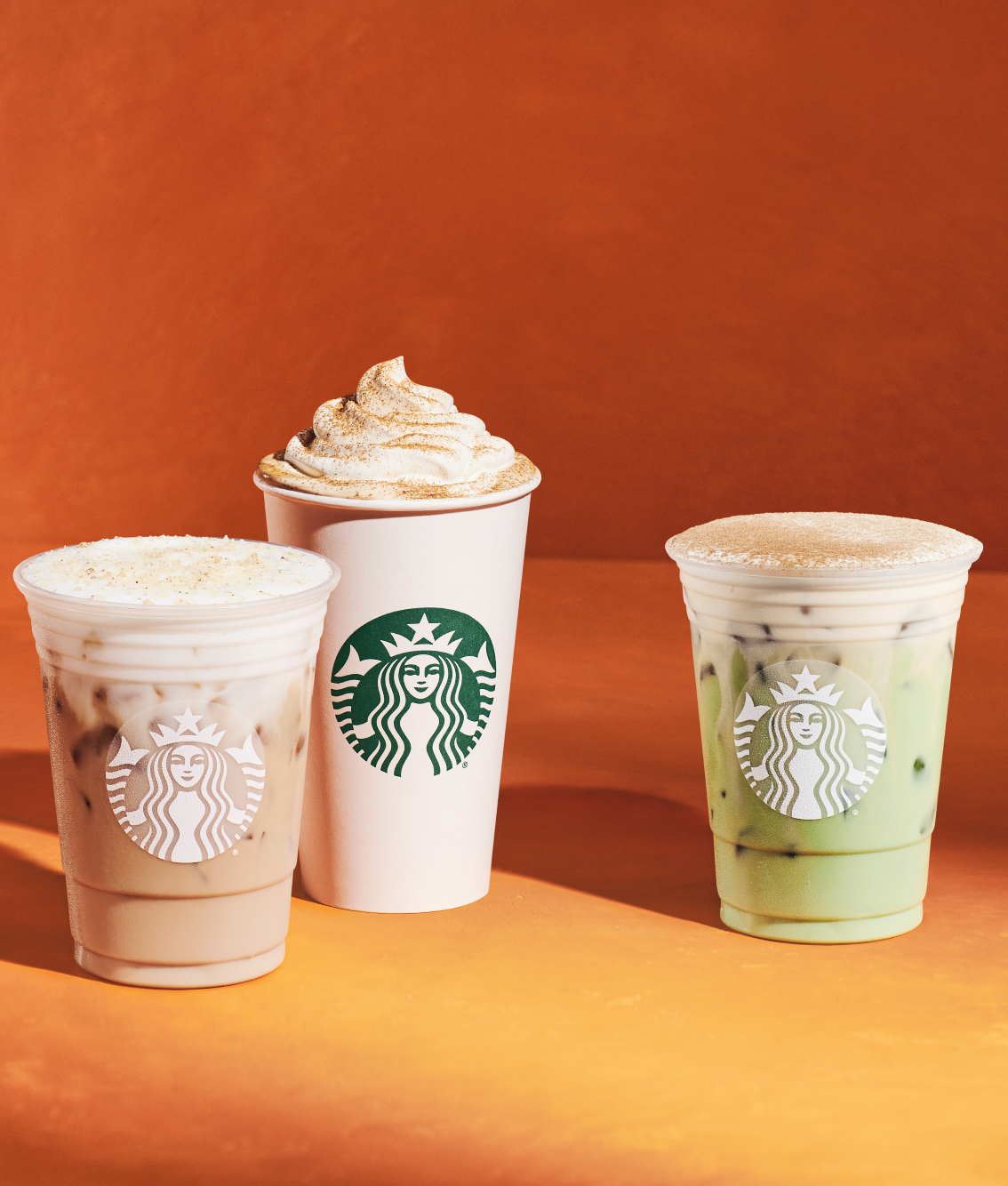 fall drinks at starbucks, including matcha and cold brew with pumpkin cold foam
