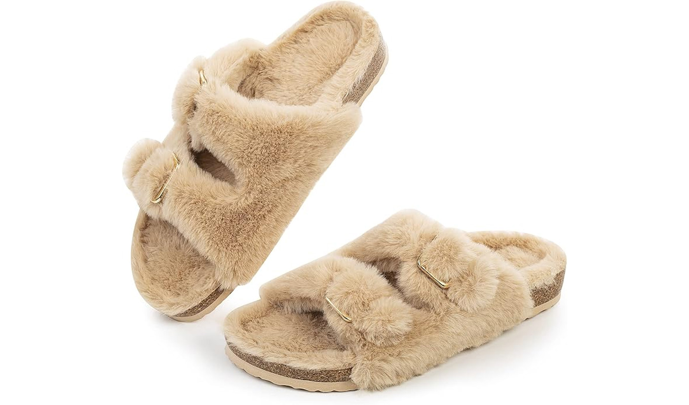 amazon winter fashion beige faux fur slide slippers