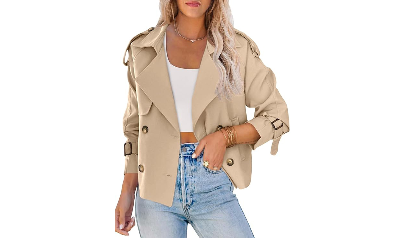 cropped trench coat for petites: Saodimallsu double breasted trench