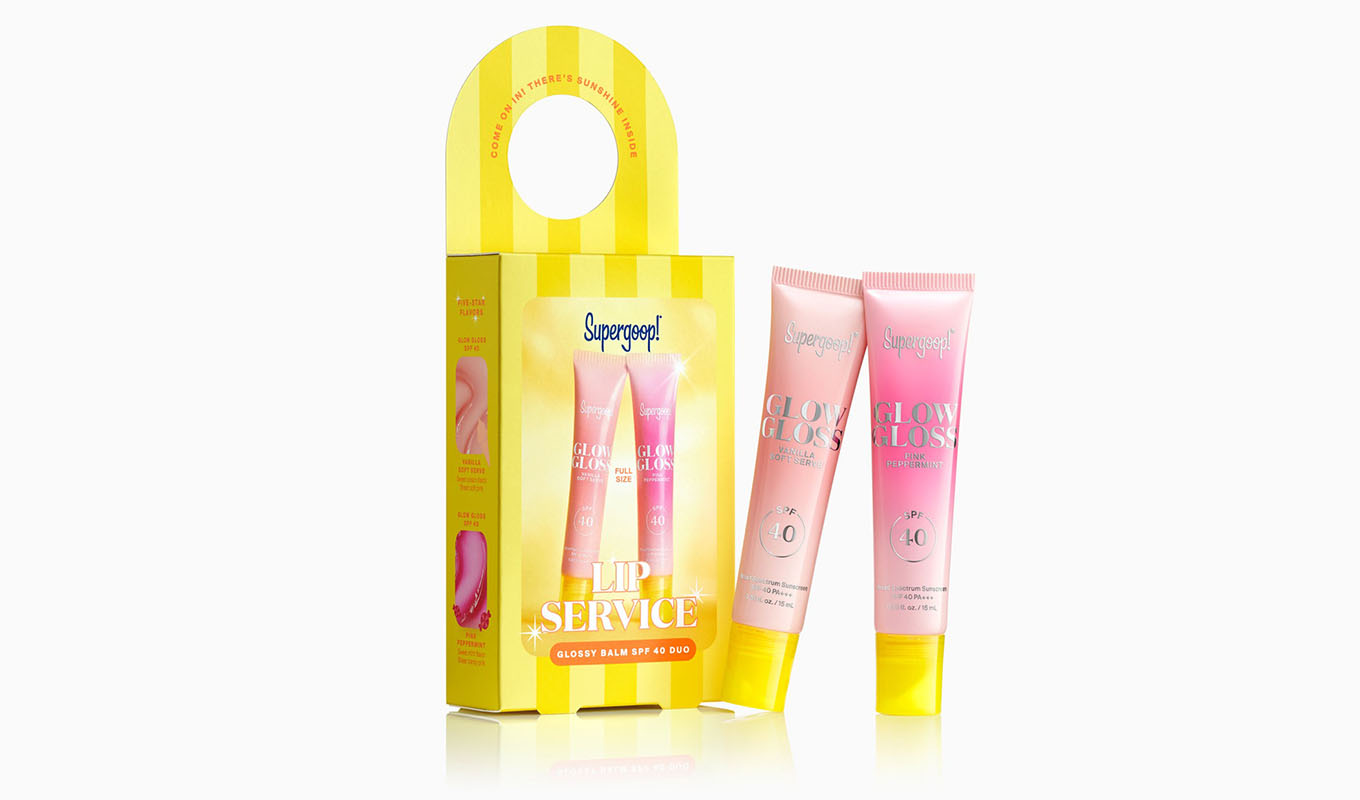 The Supergoop! Lip Service Glossy Balm SPF 40 Duo.