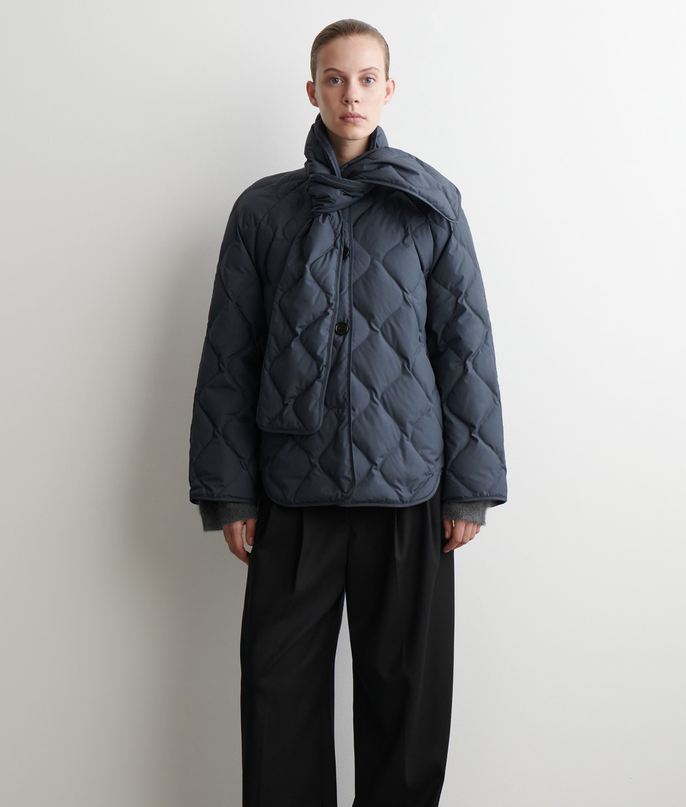 cos black friday long black scarf detail quilt jacket