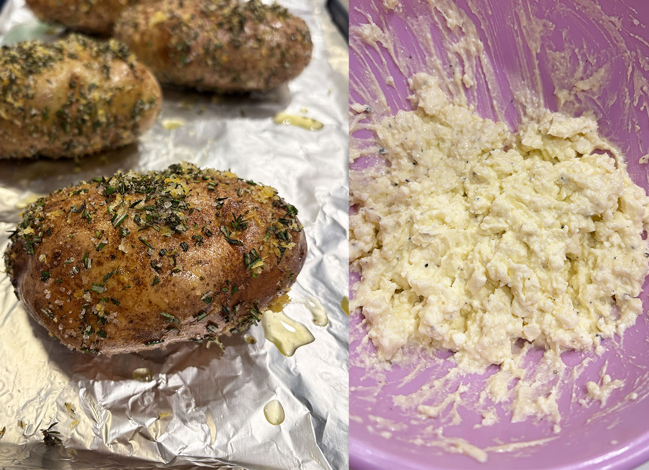 ina garten baked potato recipe review: ina garten's crusty baked potatoes and whipped feta, side by side