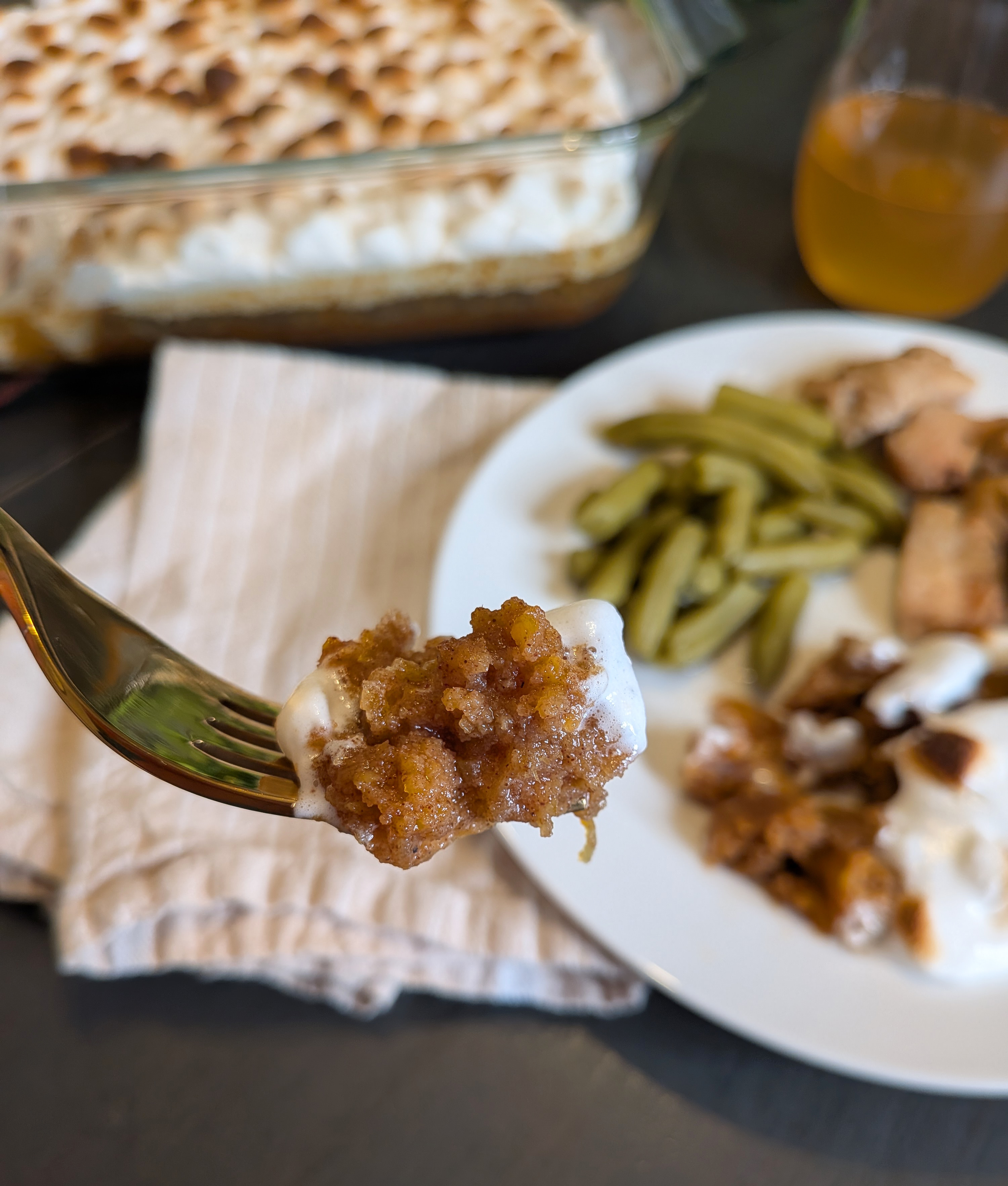 jennifer garner's grandma's sweet potato pudding, plated with a bite up close