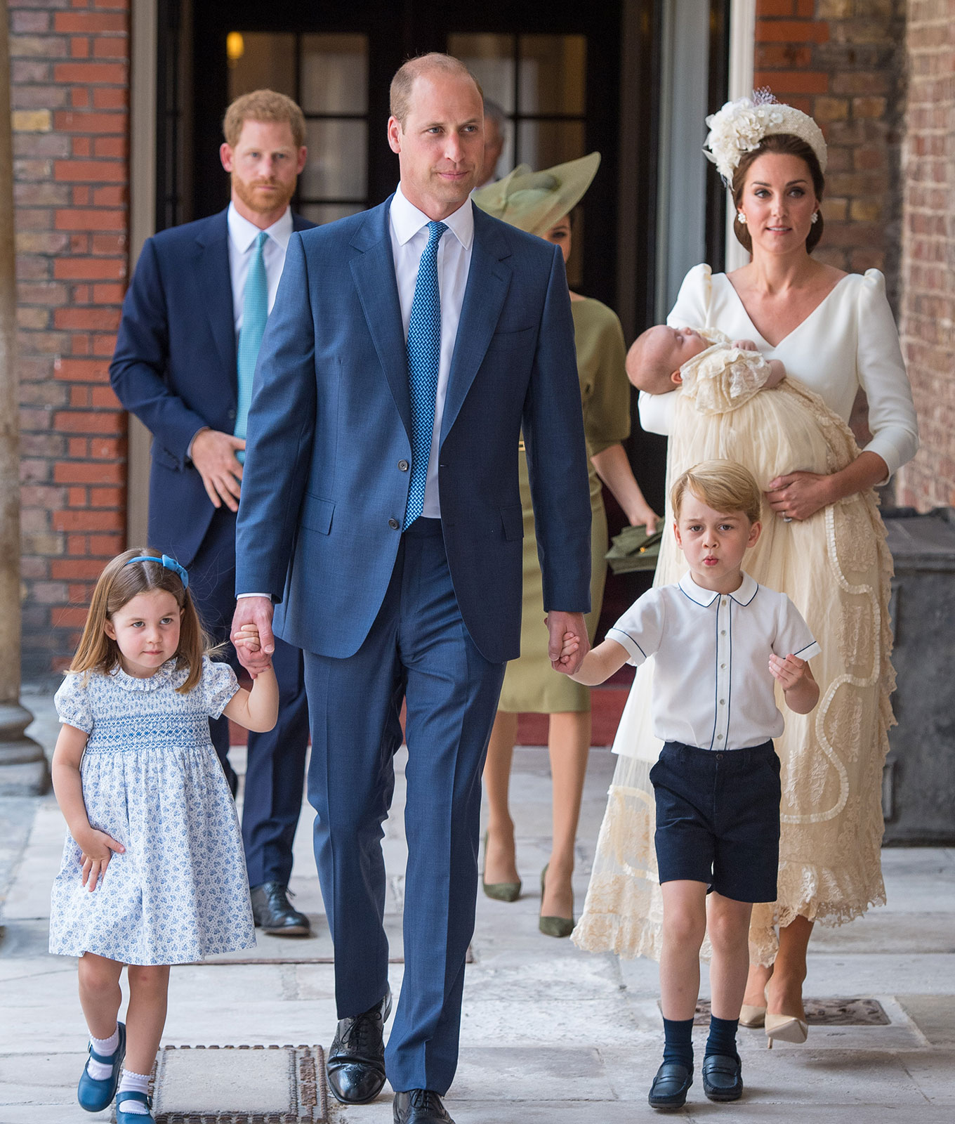 kate middleton prince george godparents: prince harry, prince william, kate middleton, meghan markle, princess charlotte, prince george and prince louis at louis's christening