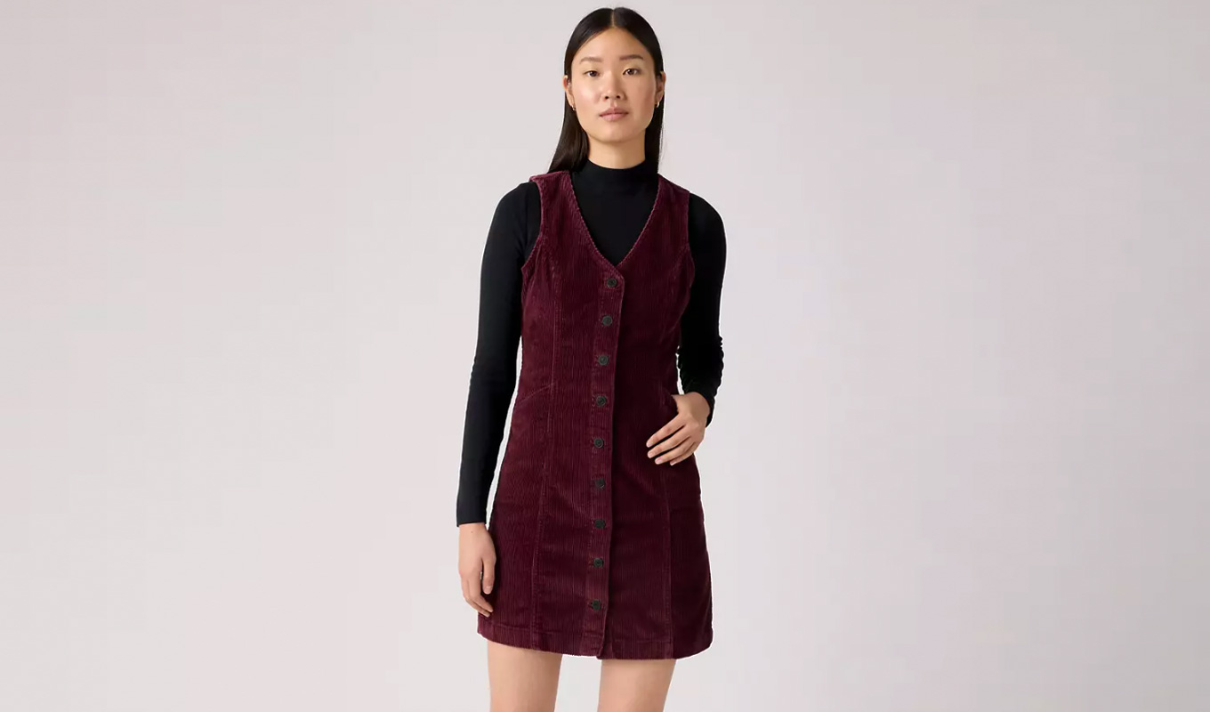 levi's sale burgundy vest dress over black turtleneck top