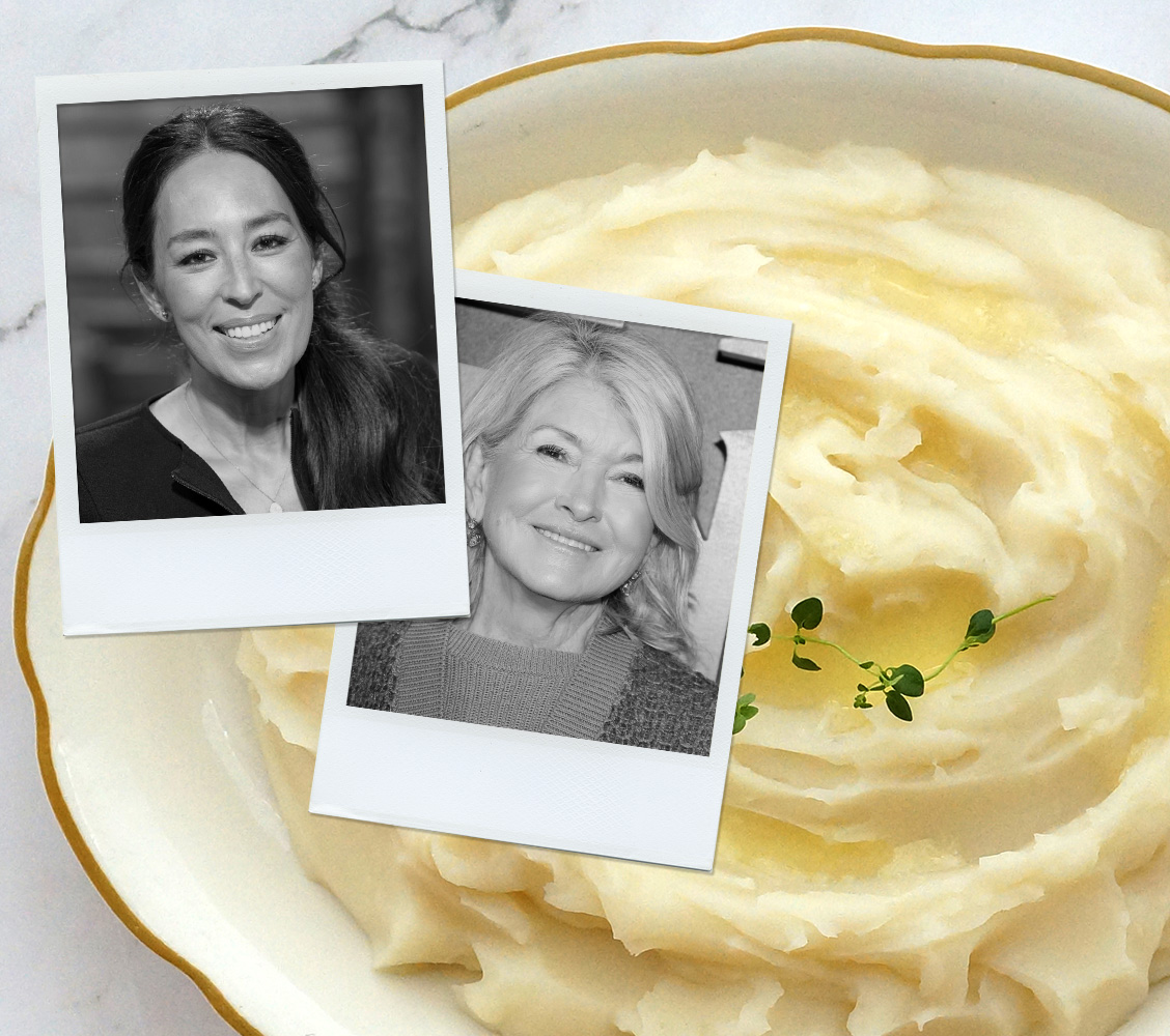 martha stewart vs. joanna gaines mashed potato recipe review: bowl of mashed potatoes with polaroid images of joanna gaines and martha stewart on top