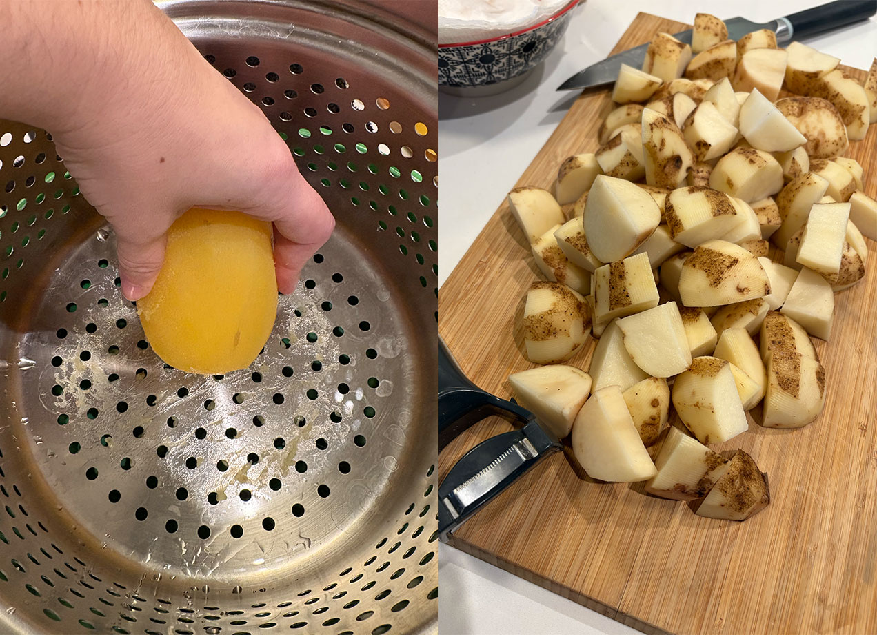 martha stewart vs joanna gaines mashed potato recipe review: potatoes being grated and chopped