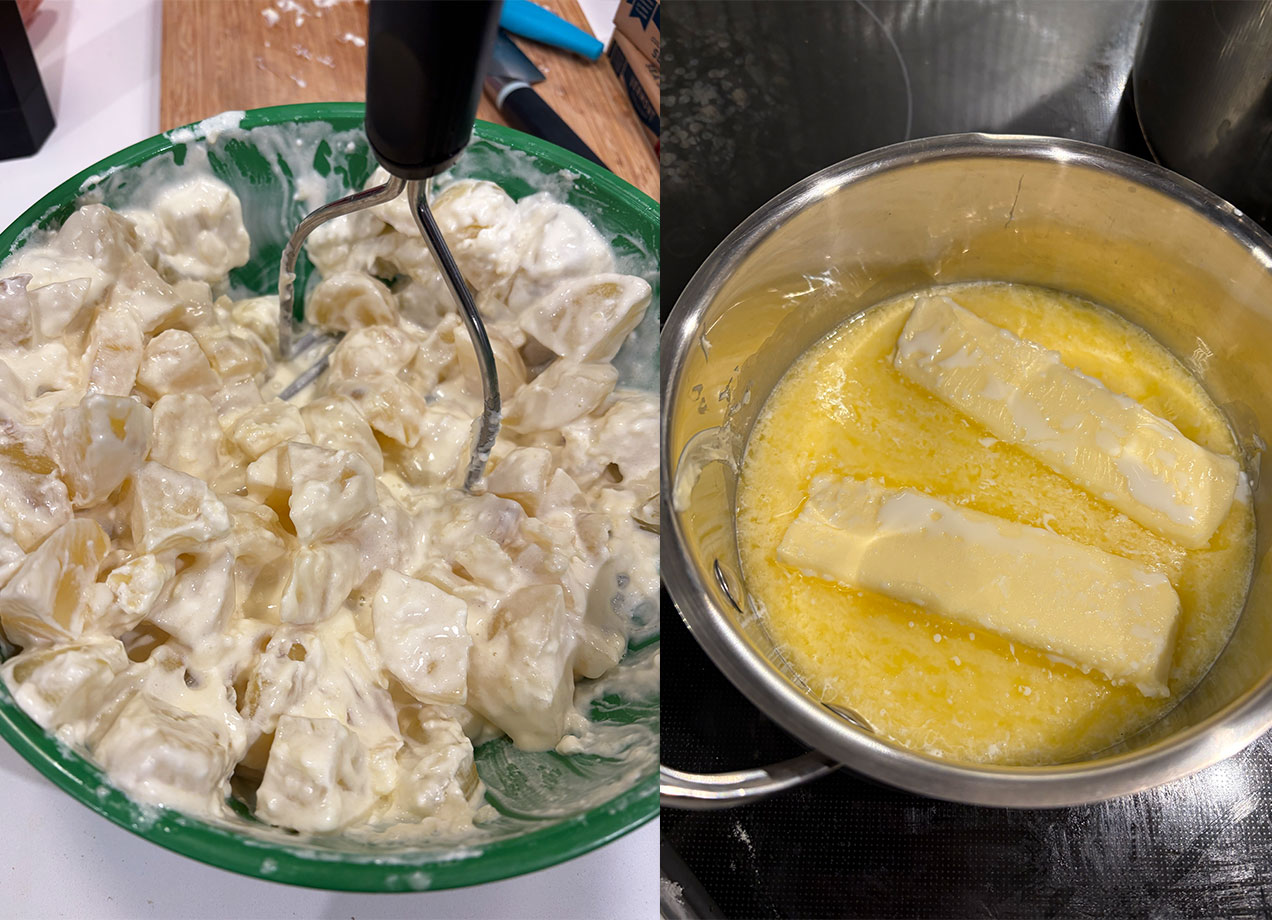 martha stewart vs joanna gaines mashed potato recipe review: mashed potatoes being seasoned