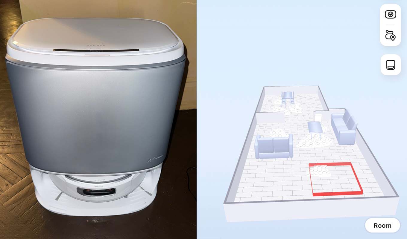 Narwal Flow Robot Vacuum and Mop Review: Original photo of vacuum, dock, mapped room on Narwal app