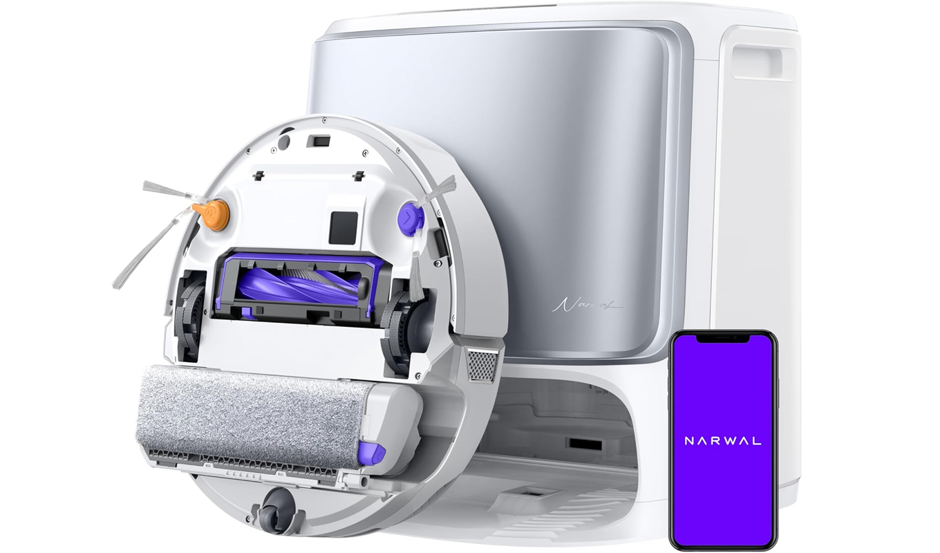 Narwal Flow Robot Vacuum and Mop Review: Vacuum, dock, phone with app on screen