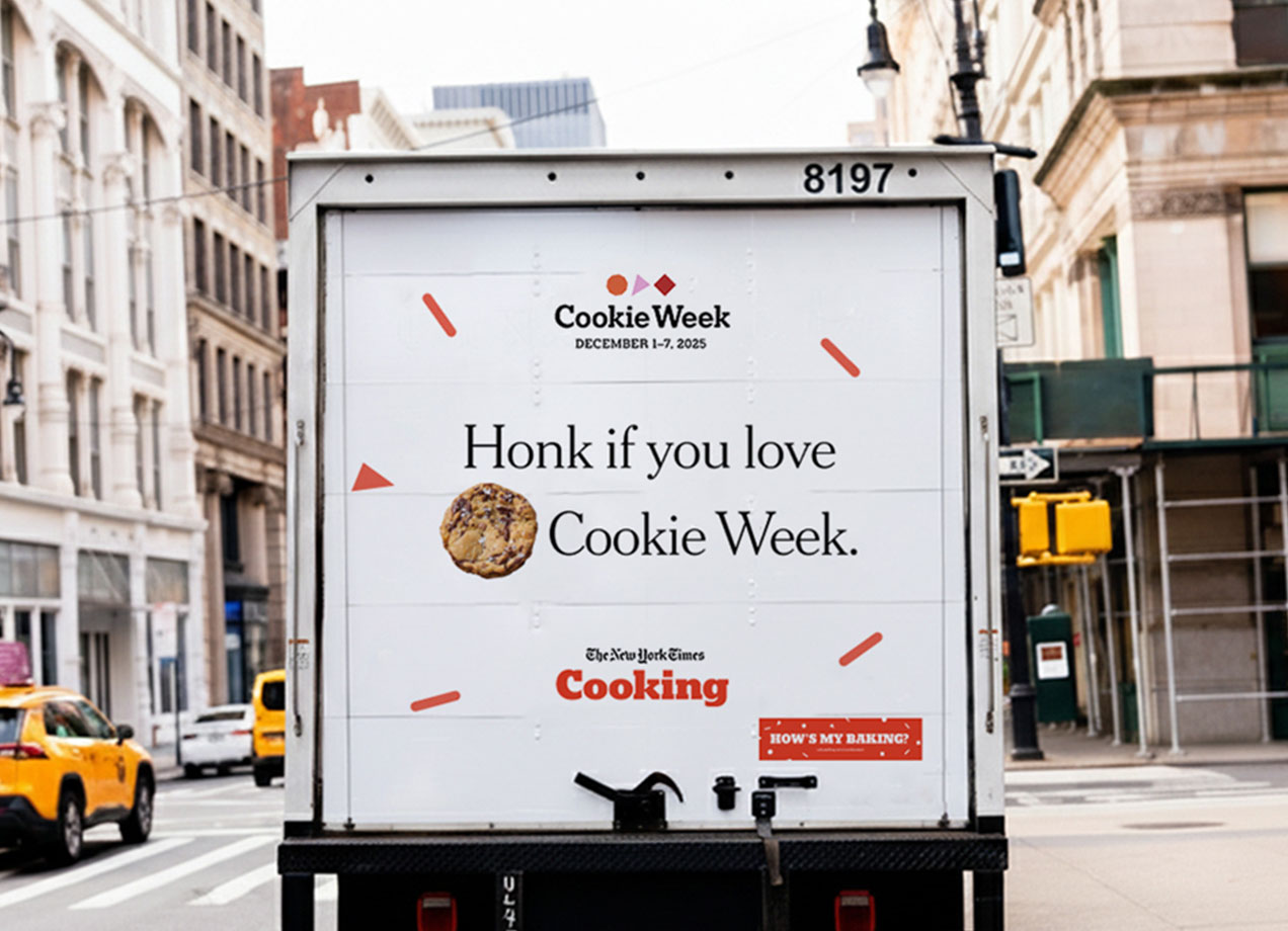 new york times cooking cookie week 2025: new york times cooking cookie week truck on a nyc street that reads "honk if you love cookie week"
