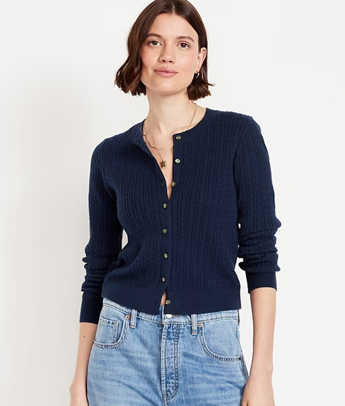Model wearing cropped cardigan for Old Navy Black Friday Sale