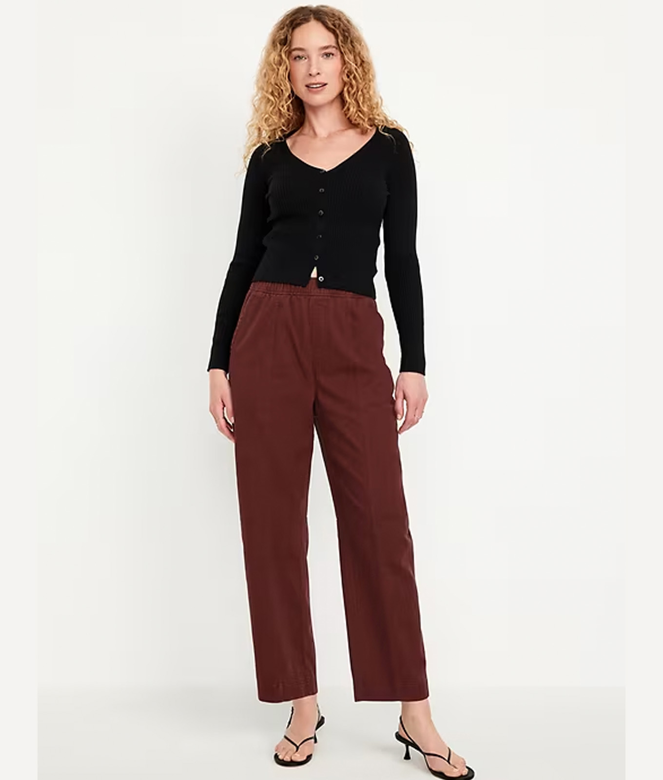 Model wearing high waisted barrel pant for Old Navy Black Friday Sale
