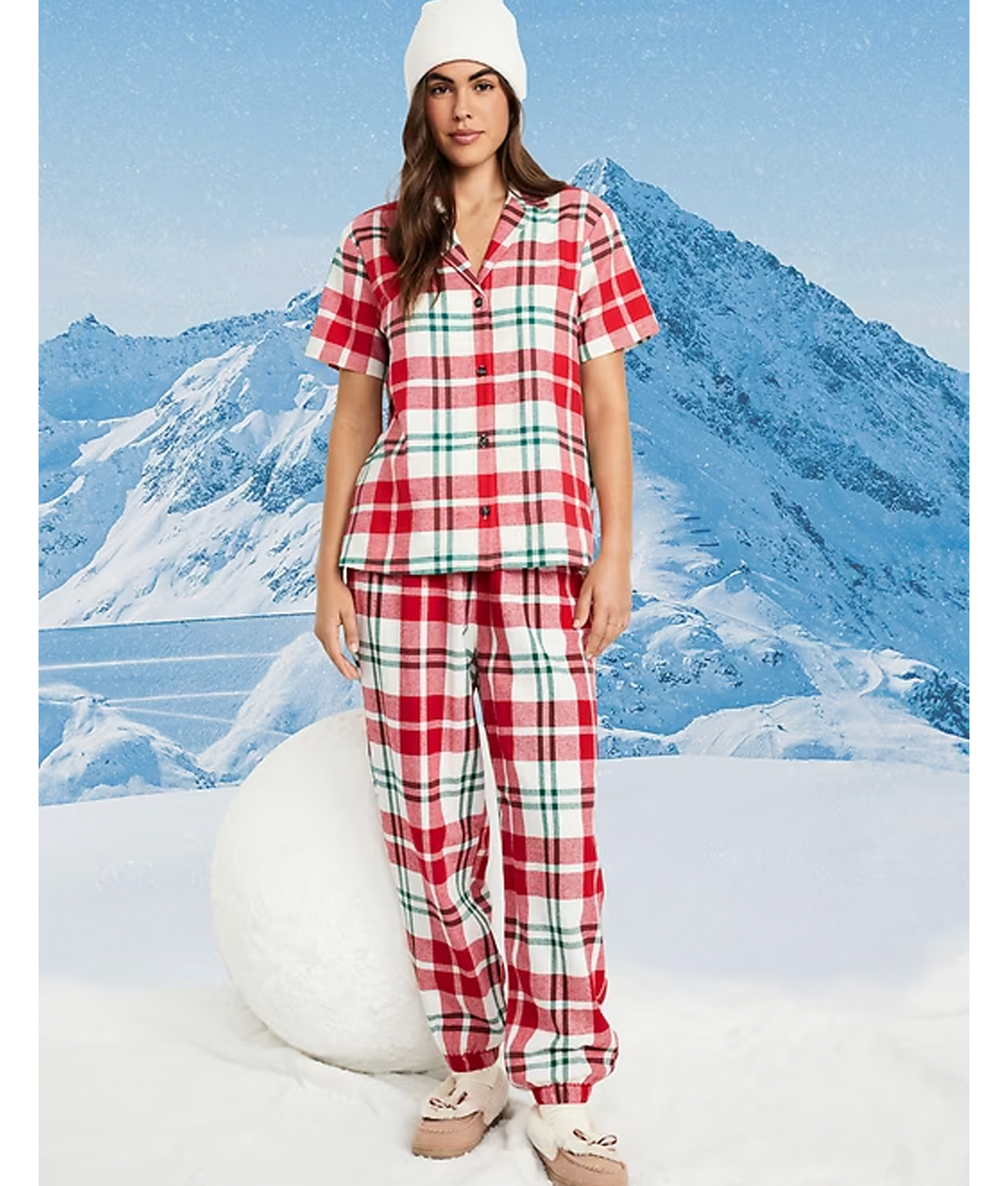 Model wearing flannel PJs for Old Navy Black Friday Sale