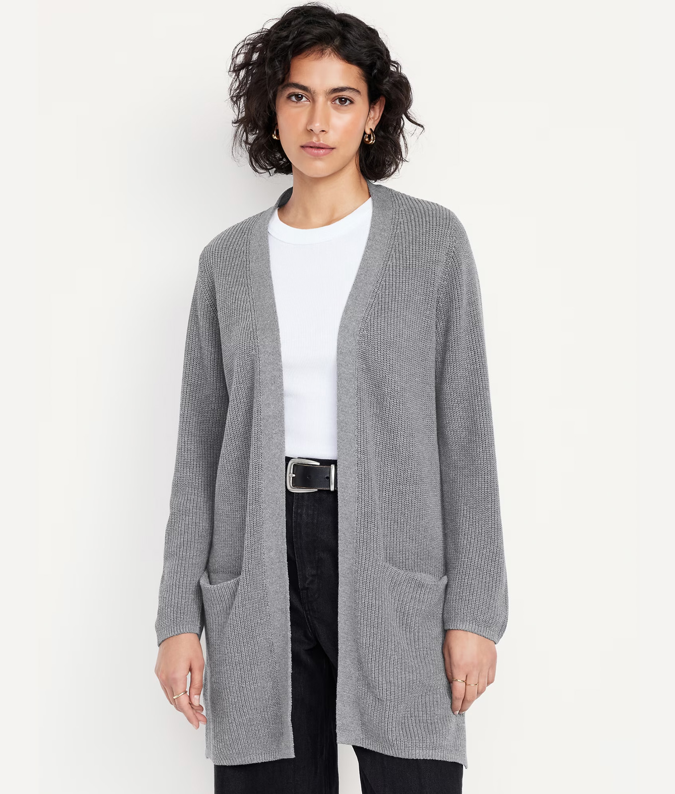 Model wearing long sweater for Old Navy Black Friday Sale