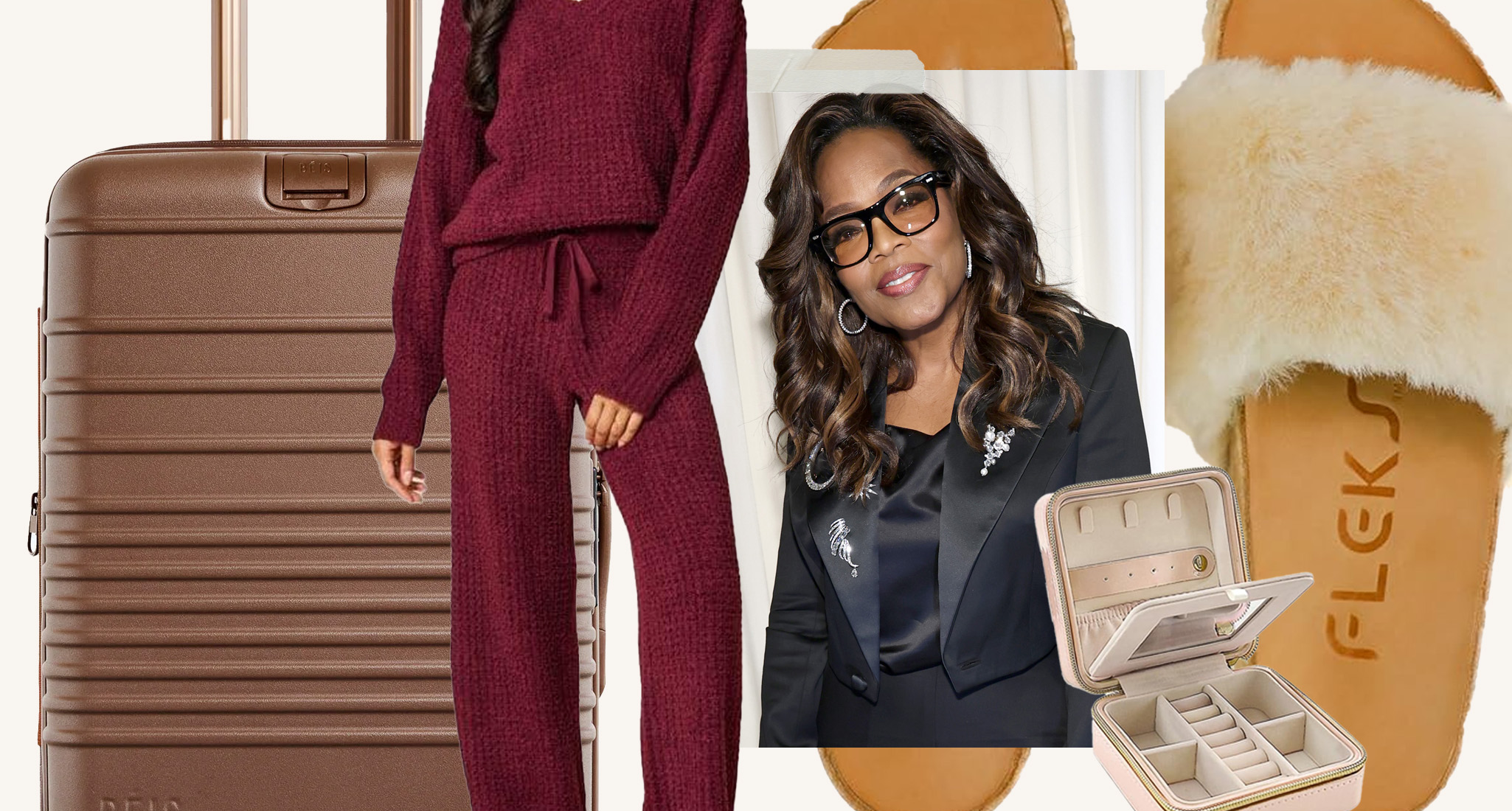 Oprah 2025 Gift Guide: Hero Collage with Beis Suitcase, Burgundy Knit Lounge Set, Fuzzy Slides and Pink Jewelry Box