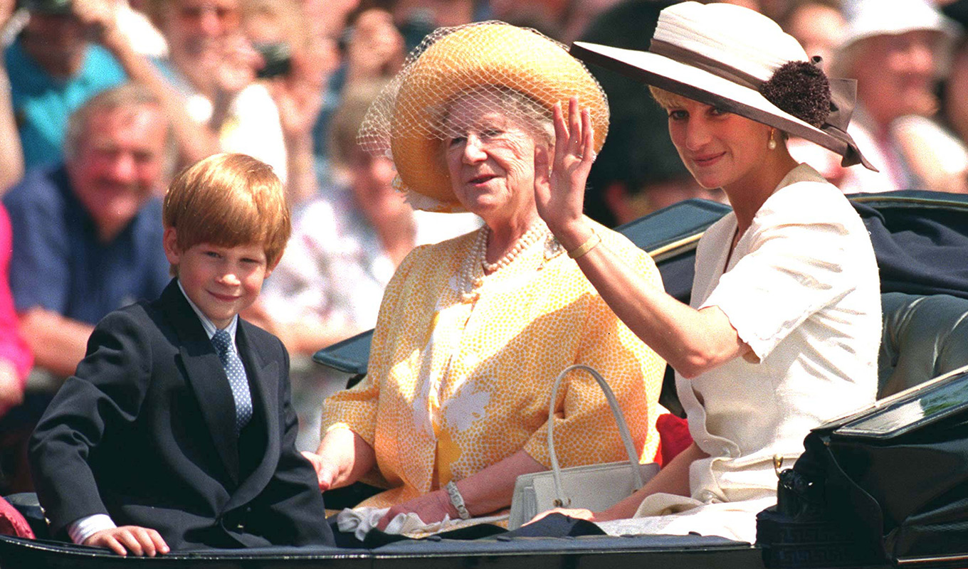 The Queen Mother (C), Prince Harry (L) and his mother, Princess Diana (R), attend the trooping of the color ceremony June 13, 1992 in London.