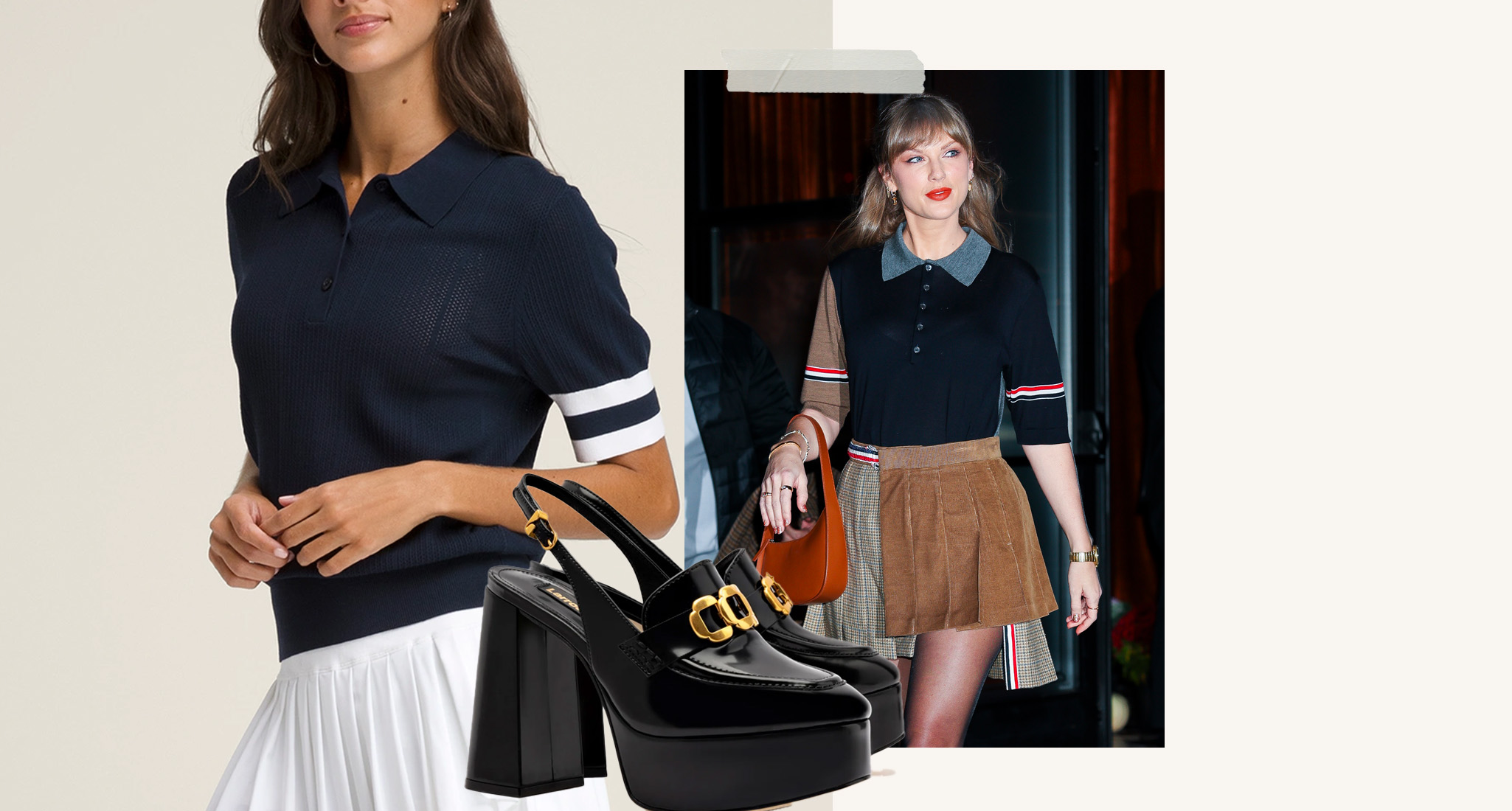 Taylor Swift Polo Outfit: Blue polo shirt, black platform loafers, Taylor Swift out in blue polo shirt and brown pleated skirt