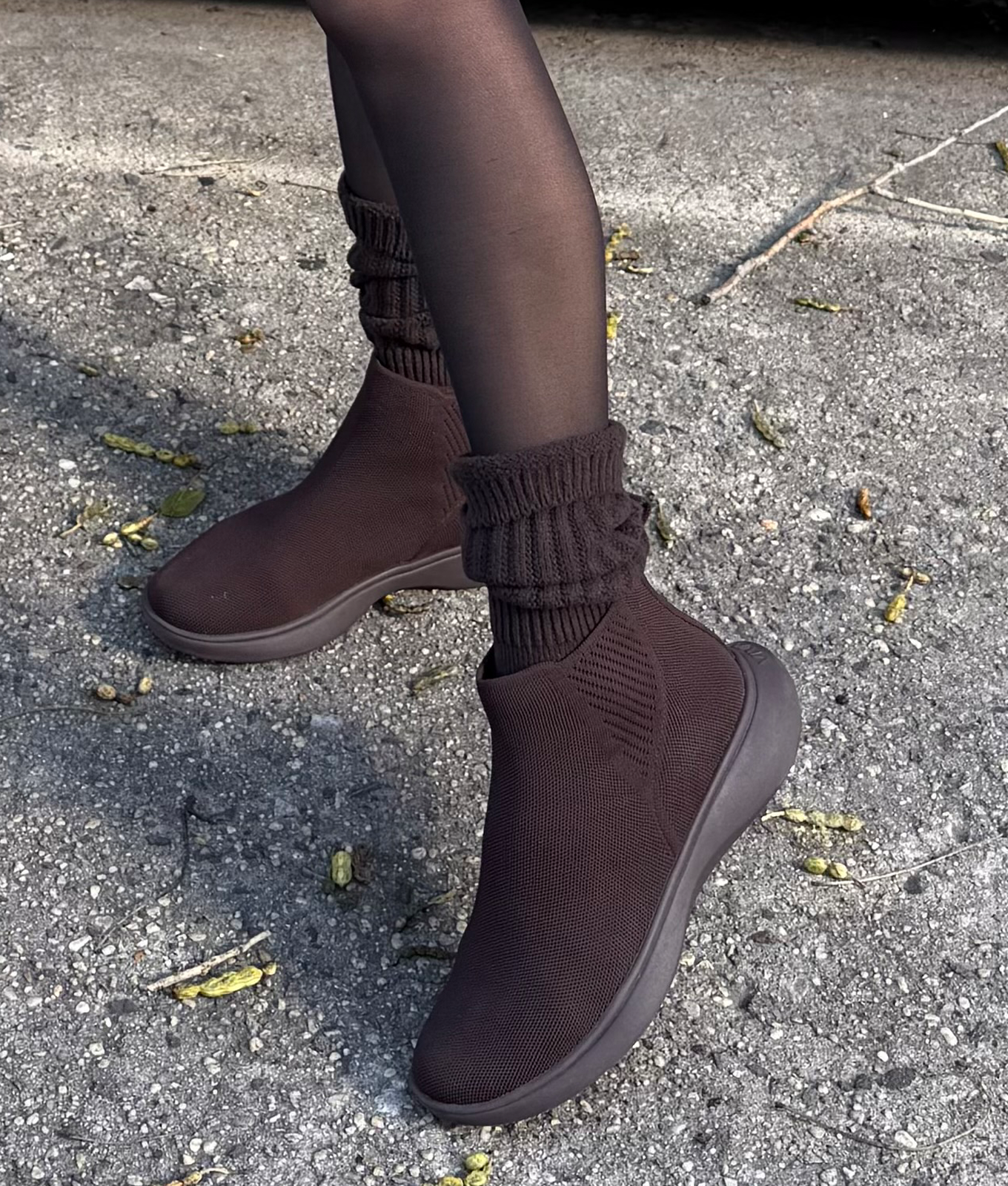 Vivaia Sneaker Boots Review: Original photo of brown Vivaia Sneaker Boots on editor Stephanie Maida with chunky brown socks