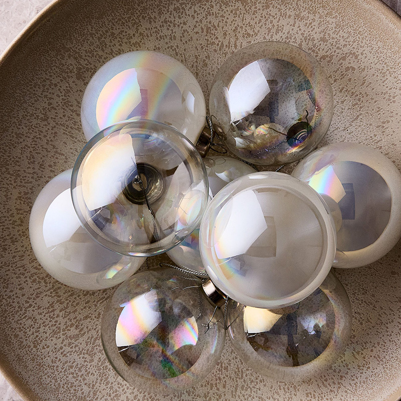 french christmas style pearl white iridescent glass boxed ornaments set of 9