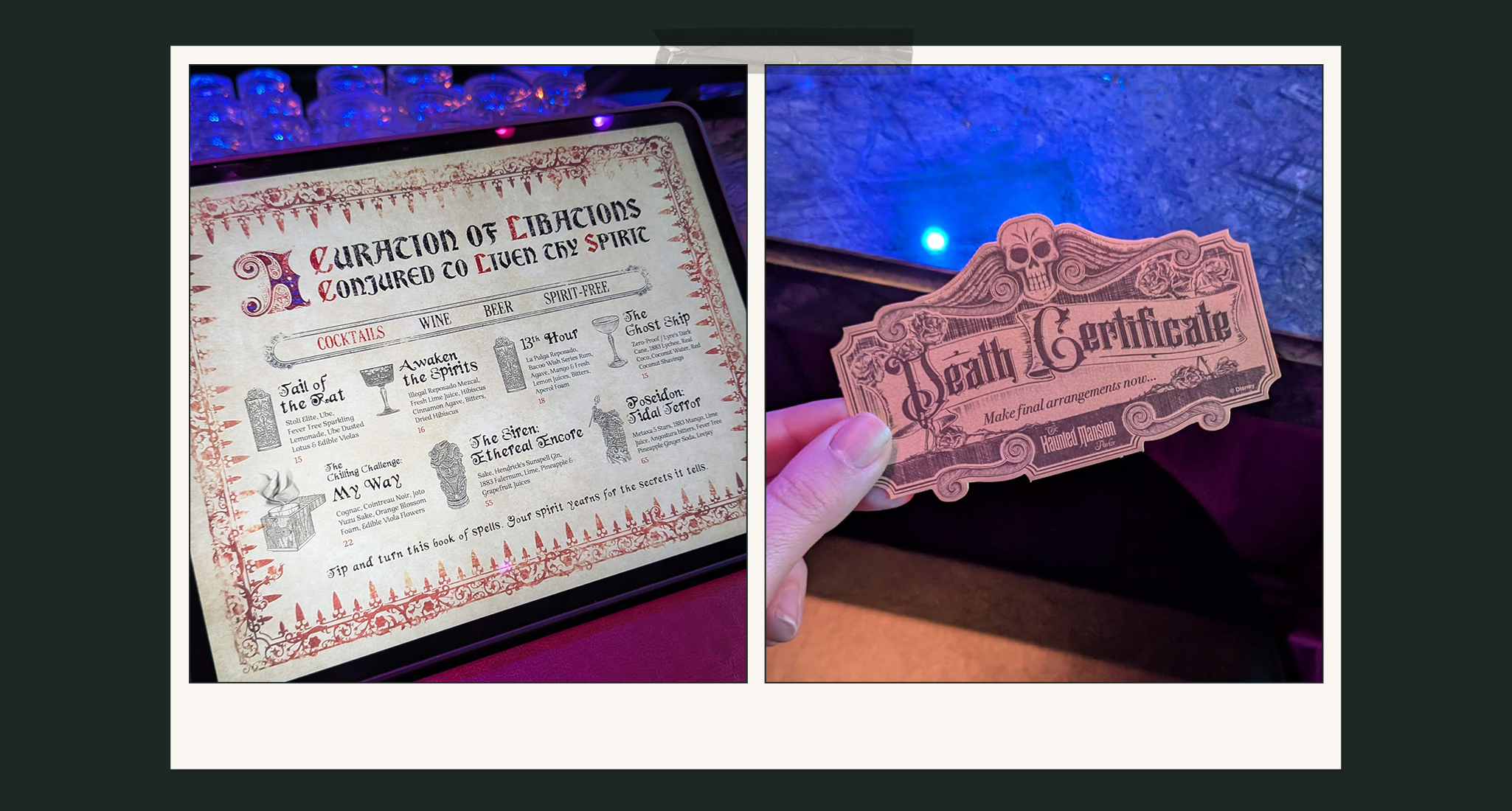 a look at the Disney haunted mansion parlor menu and death certificate