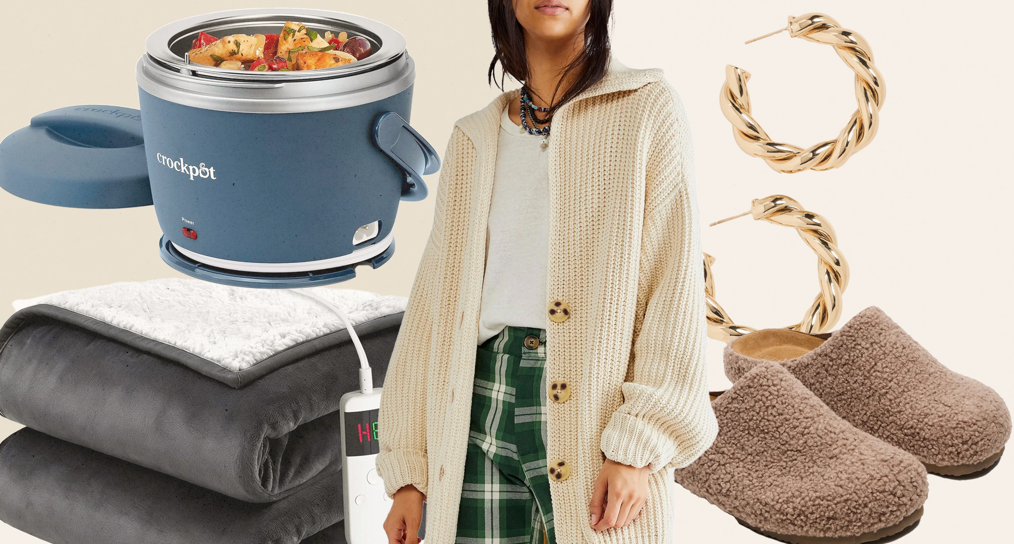 Last-Minute Gifts on Sale for Christmas 2025: Hero Collage with cardigan, heated blanket, slippers, gold hoops, mini crock-pot