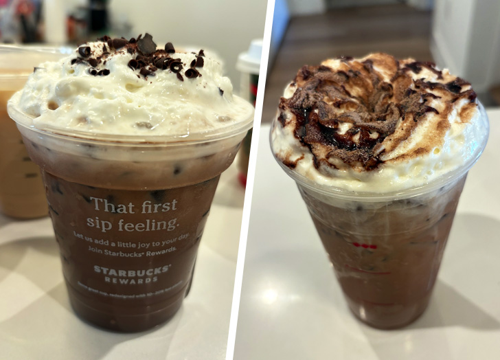 starbucks vs dunkin peppermint mocha review: starbucks iced peppermint mocha and dunkin' iced peppermint mocha, side by side