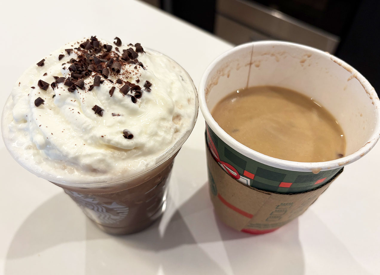 starbucks vs dunkin peppermint mocha review: iced and hot starbucks peppermint mochas, side by side