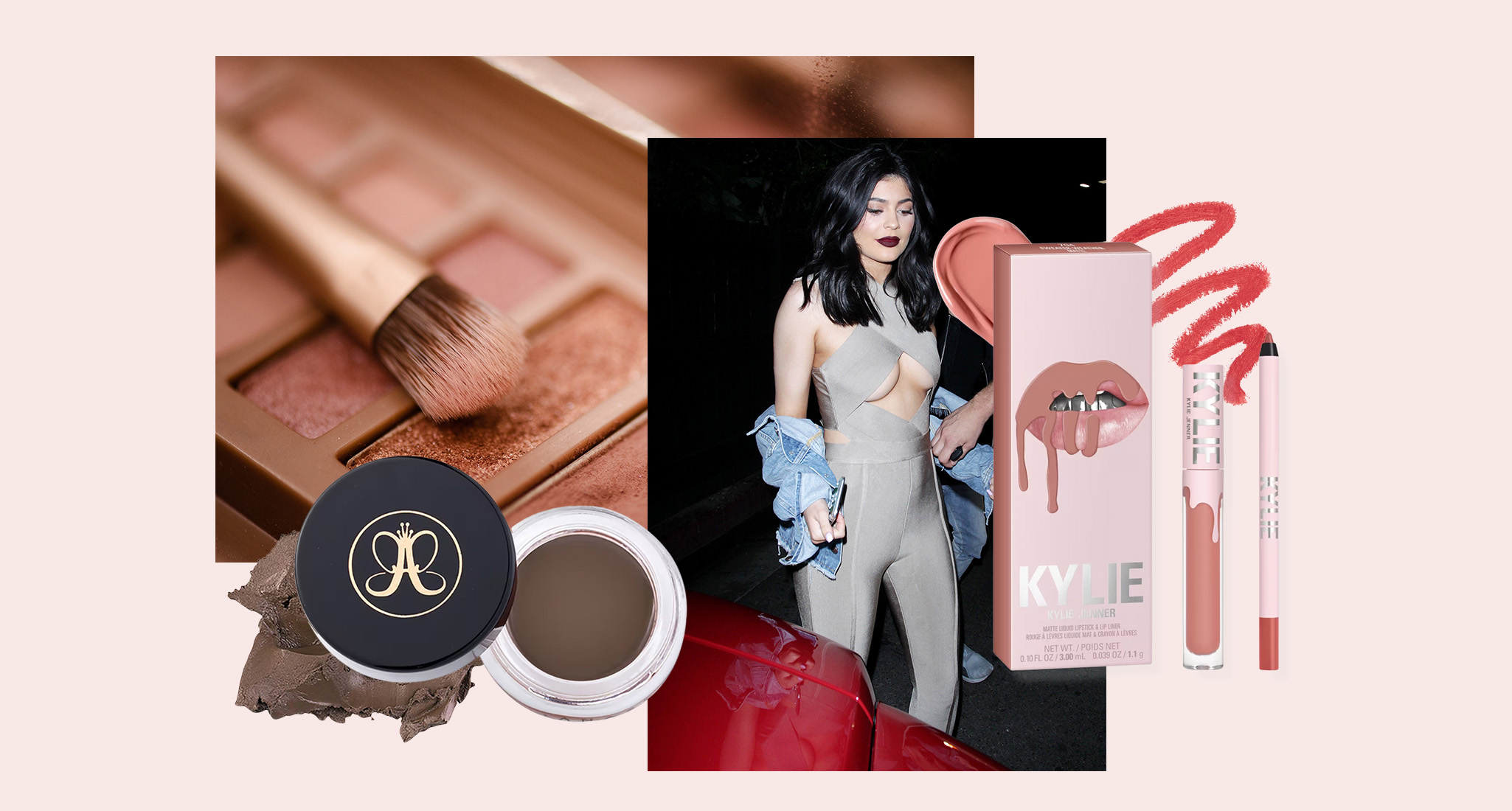 2016 Beauty Comeback for 2026: Kylie Jenner with dark lipstick, Anastasia Beverly Hills Dipbrow, Kylie Cosmetics Lip Kit, eyeshadow palette